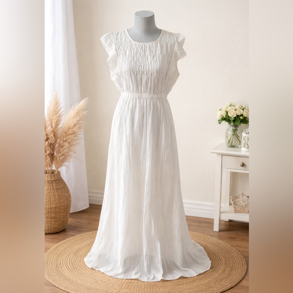 Cost Plus World Market White Ruffle Sleeve Midi Dress | S/M